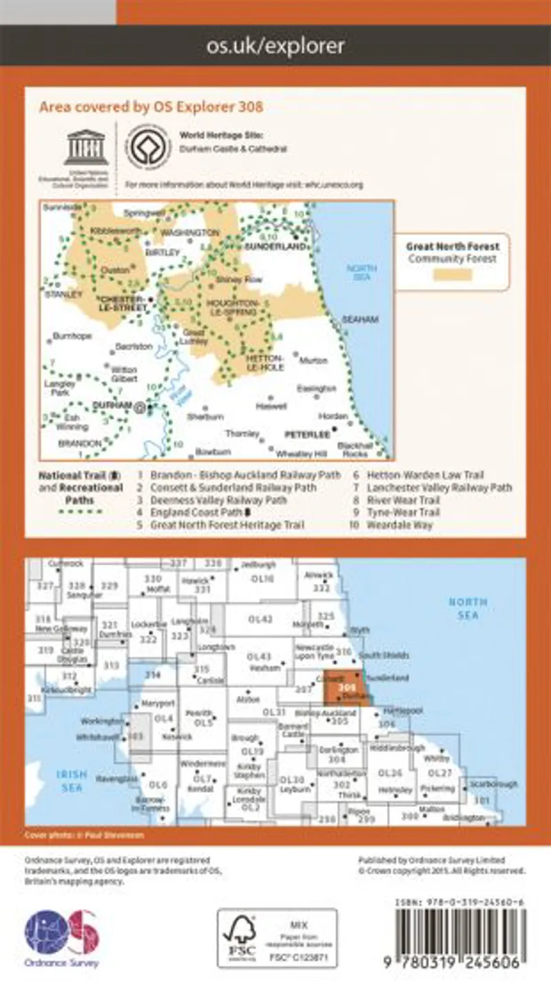 OS Explorer Map 308 - Durham and Sunderland-1